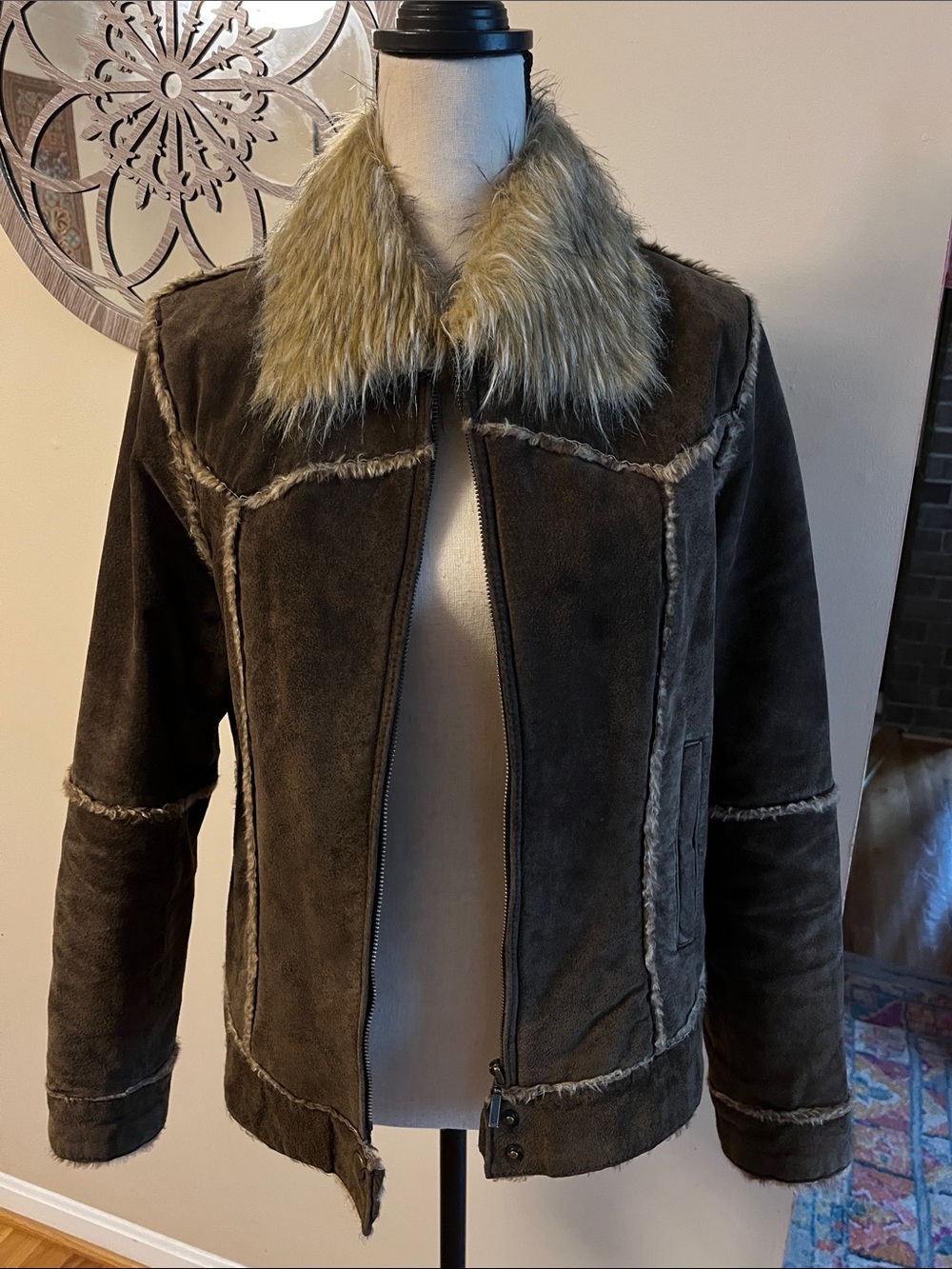 Real suede brown jacket with faux collar, medium from MixIt